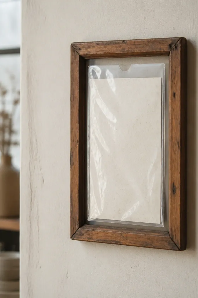 A small thrifted wooden frame mounted vertically with a clear plastic sheet protector inside; loose papers slide behind the plastic like a menu holder.