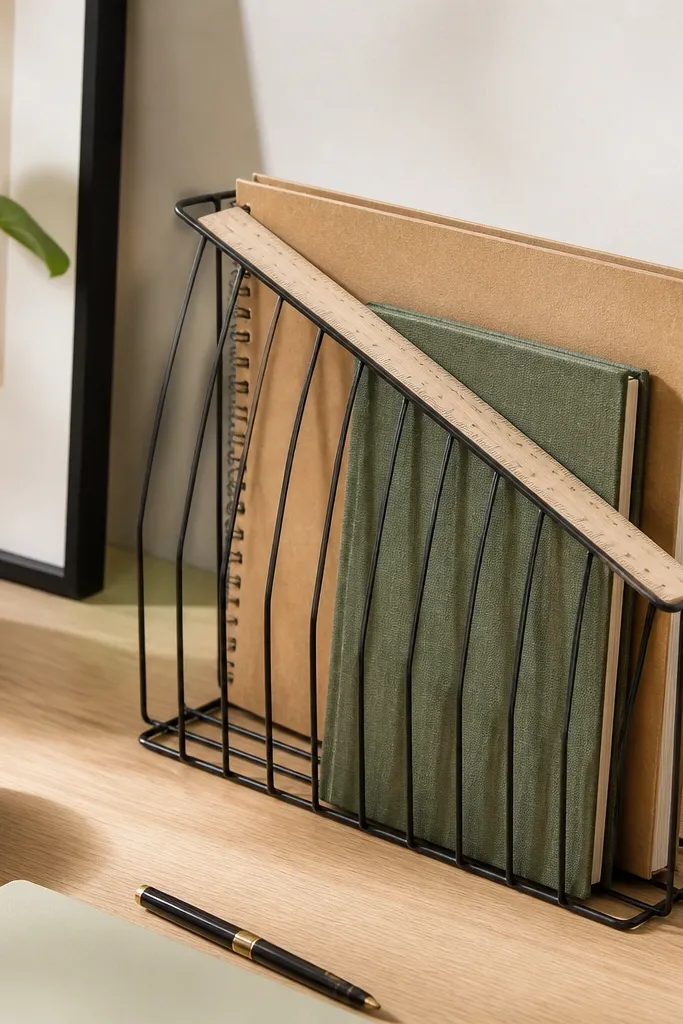 A black wire magazine holder on the desk holding two notebooks upright and a ruler laid diagonally across the top.