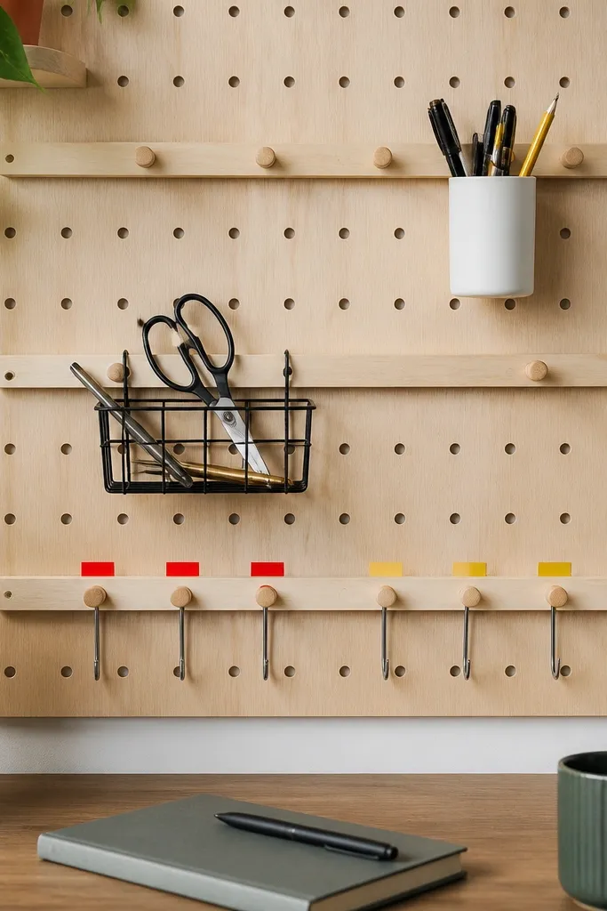 A light wood pegboard behind a desk with three horizontal rails, holding a cup of pens on a hook, a small basket for scissors, and a color-coded set of hooks with red and yellow tape labels.