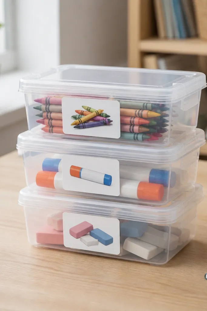 A set of three clear lidded plastic boxes stacked low on the desk with printed picture labels: crayons, glue stick, and erasers.