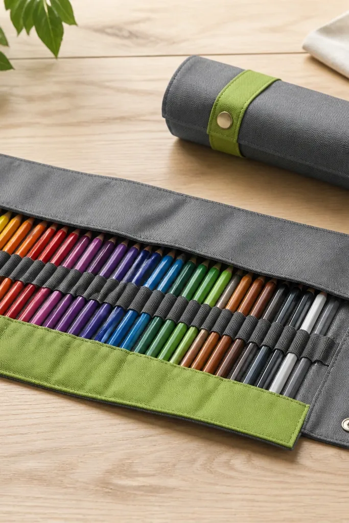 A canvas pencil roll laid open with elastic loops holding colored pencils; the roll is gray with a bright green stripe and snaps closed when rolled.