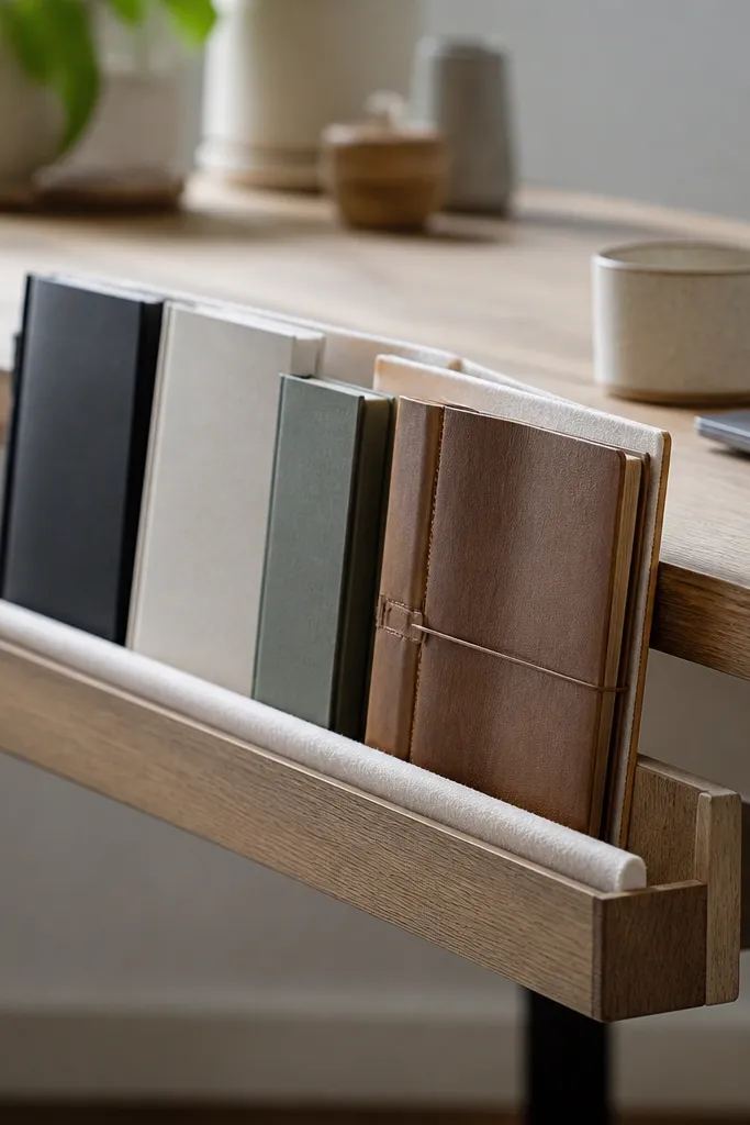 A small scrap-wood shelf mounted along the front edge of a desk with a strip of white felt on top; books and a planner sit against the lip.
