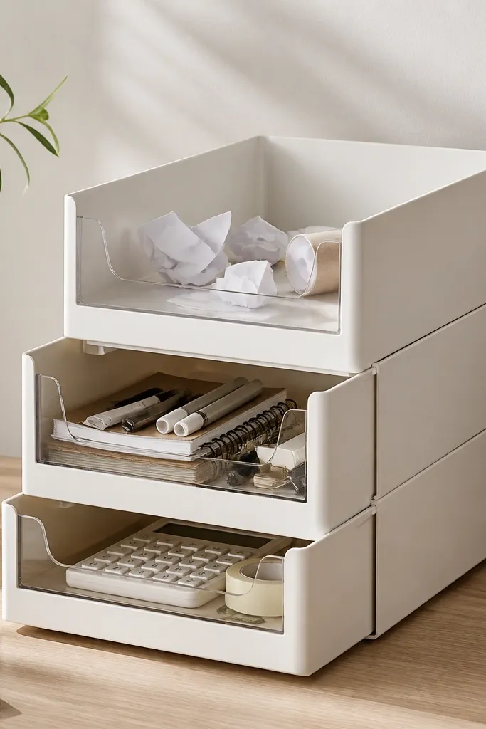 A stackable set of drawer organizers with three tiers; the top tier has a single wide bin labeled 'Trash & Small Paper' with a clear front panel.