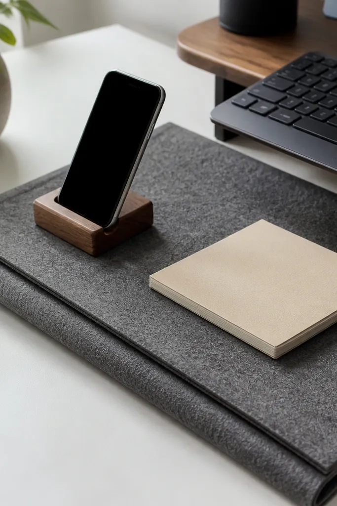 A folded piece of thick gray felt laid under a keyboard area acting like a soft tray; a phone stand and small notepad rest on top.