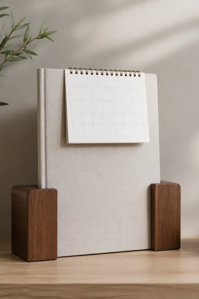 A standing planner with a small calendar on top, held upright by two matching book ends shaped like low wooden blocks; everything sits in a neat row.