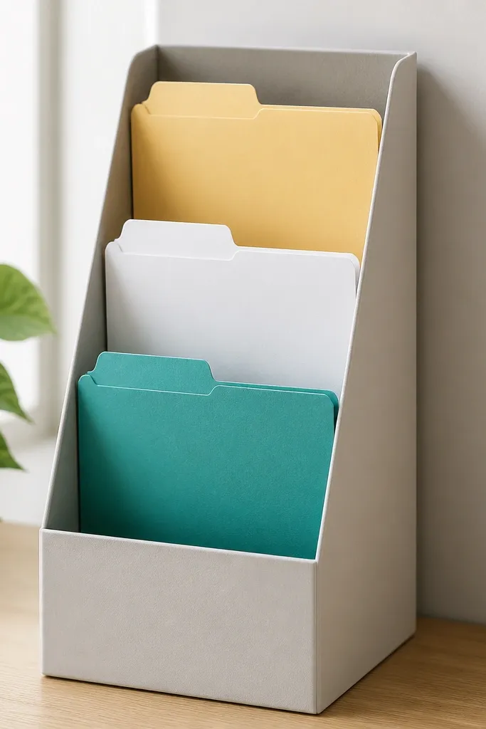 A vertical file slot with three folders color-coded: light yellow for 'Keep', white for 'Return', and teal for 'Recycle', each with a tab label.