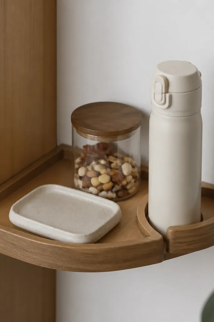 A small corner shelf holding a lidded water bottle, a snack container, and a shallow tray; a curved cup channel keeps bottles from rolling.