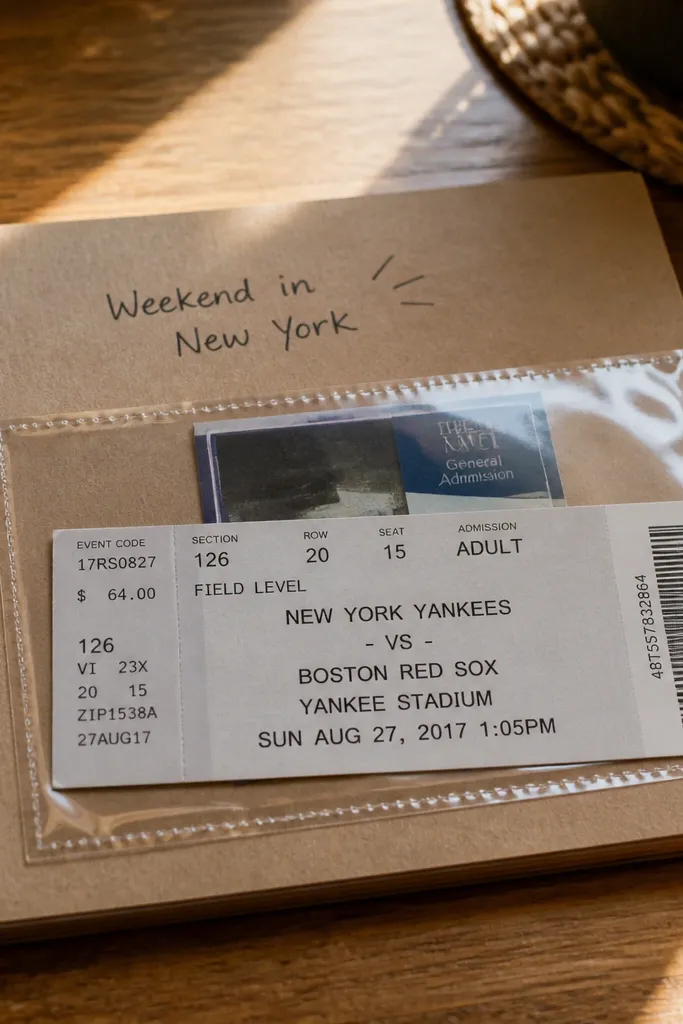 An 8.5x11 scrapbook page with a kraft paper background, a small clear pocket on the right holding two torn ticket stubs, and a 4x6 photo of the two of you centered on the left. Washed-out blue washi tape forms a diagonal border, and a handwritten date strip sits under the photo.
