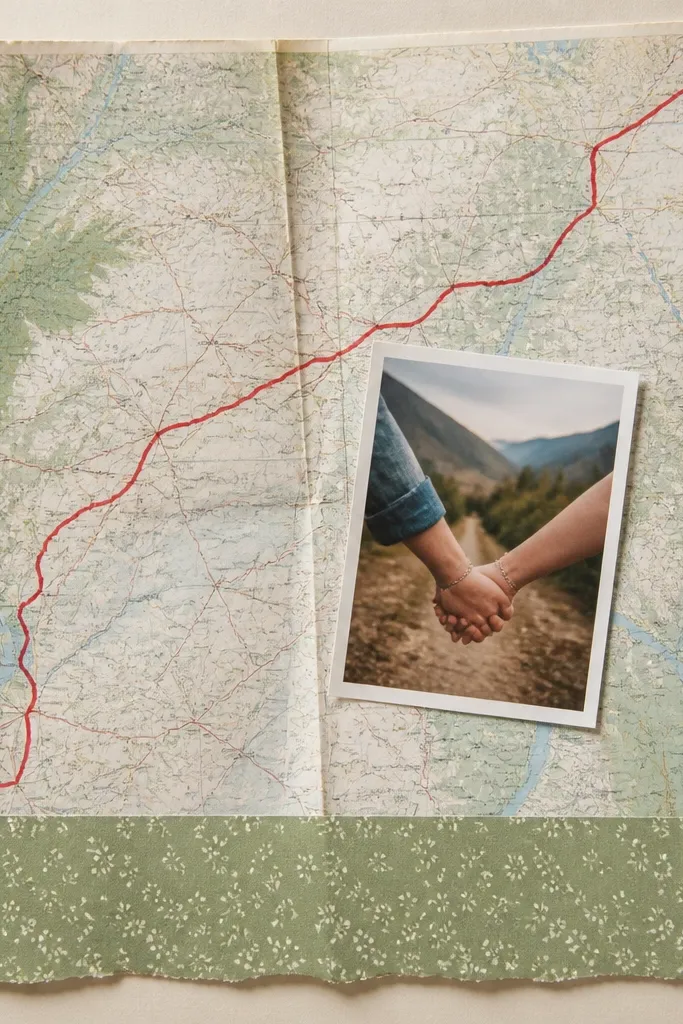 A scrapbook page showing a folded printed map with the crease visible, a red marker line tracing a route across the map, and a small 3x4 photo of you holding hands placed over the route. A strip of green patterned paper anchors the bottom edge.
