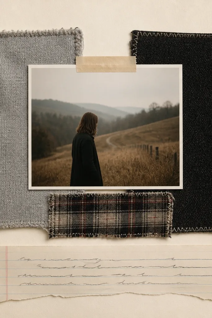 A page with a cream background, three fabric swatches (soft gray knit, black denim, and a small strip of plaid) stitched around their edges, and a 4x6 photo taped in the center. Handwritten lines run along a ruled notebook strip at the bottom.