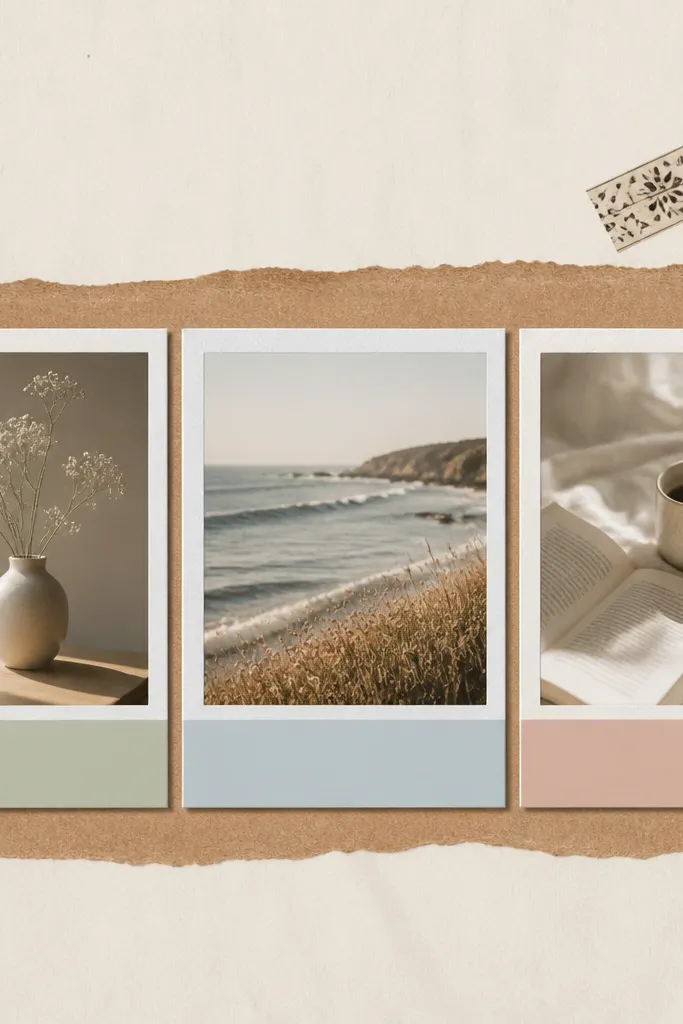 Three Polaroid-style frames across the page, each with a thick white border, the bottom captions in different colors, and a kraft paper strip behind them. A small washi tape roll pattern sits in the top corner.
