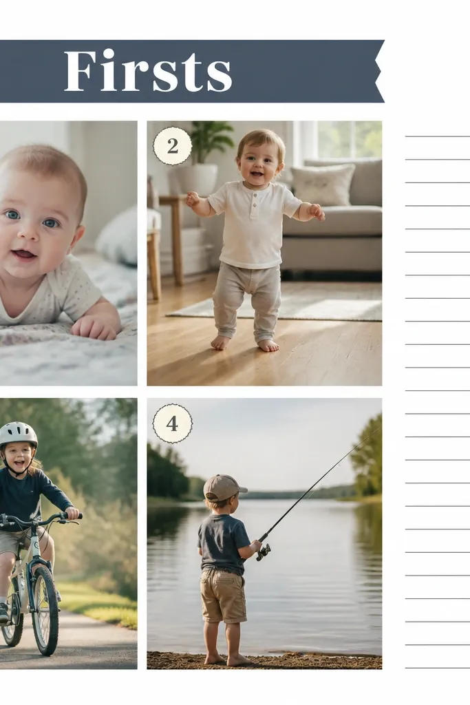 A page with a white background and a neat grid of four small photos, each corner labeled with a numbered sticker (1, 2, 3, 4). A bold heading strip at the top reads "Firsts," and journaling appears in a narrow column on the right.