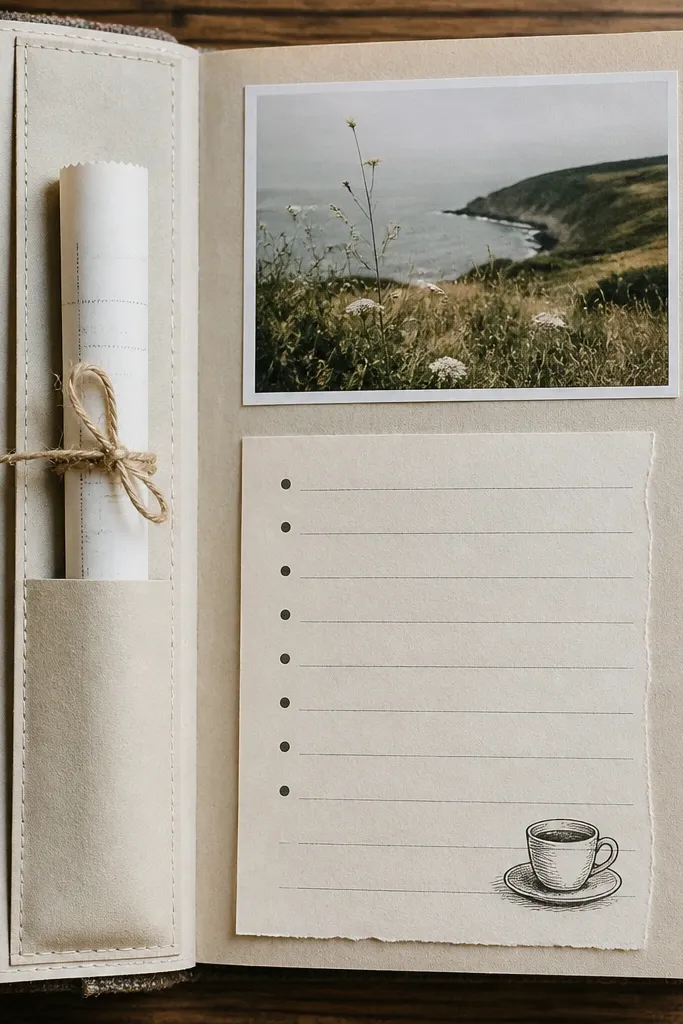 A page with a long vertical pocket holding a rolled-up receipt tied with twine, plus a small 5x7 photo at the top. Under the photo, a list is written on lined paper with bullet points and a small doodle of a coffee cup.