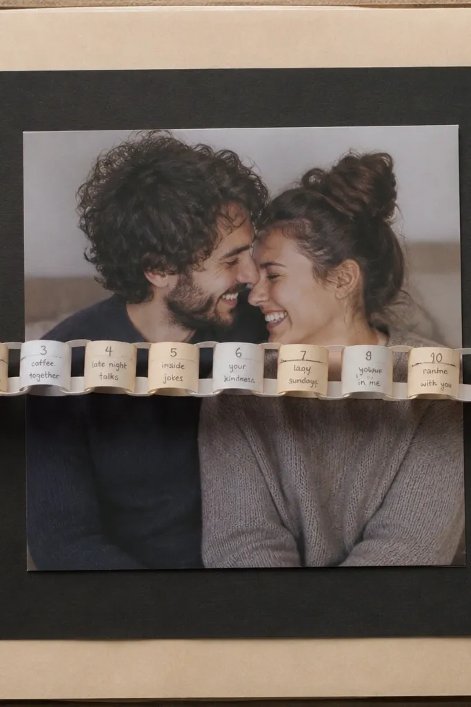 A page with a long chain of small paper links across the middle, each link labeled with a number and a tiny note. A large photo of the two of you sits behind the chain on a darker cardstock layer.