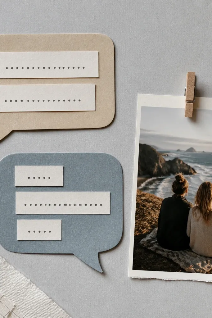A scrapbook page styled like a phone chat thread. Two speech bubble cutouts sit on a light gray background, with small printed "message" text strips, and a real photo pinned at the side with a mini clothespin.