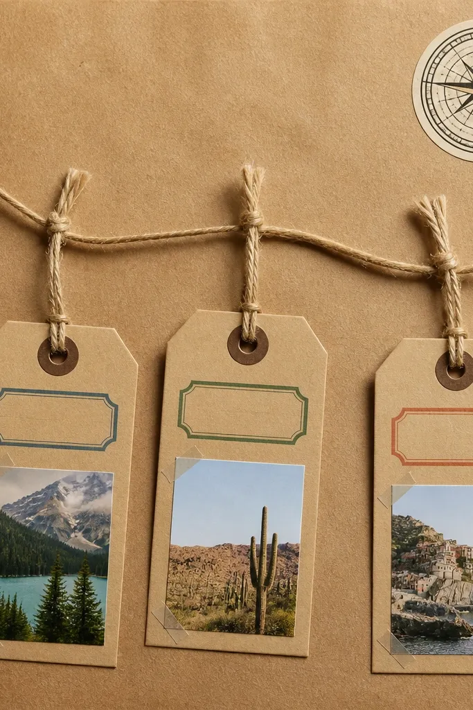 A kraft paper page with three luggage-style tags hanging from twine. Each tag has a printed label and a small photo behind clear tape. A compass sticker sits in the top corner.