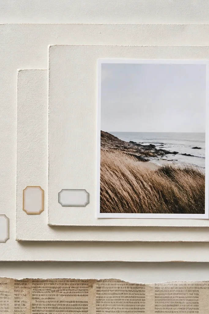 A page with layered chipboard rectangles painted off-white. Each layer has a small label sticker, and a 4x6 photo sits on top. A strip of newspaper print runs along the bottom.