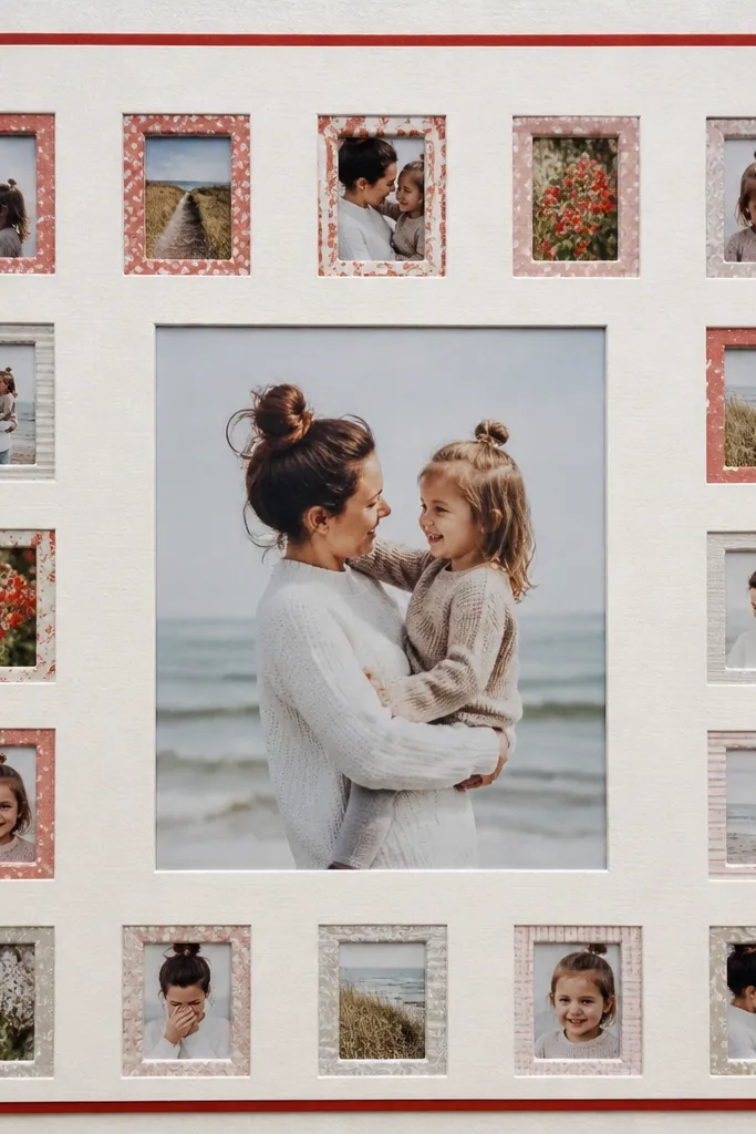 A page with a grid of small rectangular openings made from patterned paper windows. Behind the windows are mini photos, and a larger 4x6 photo sits centered. A thin red border frames the whole page.