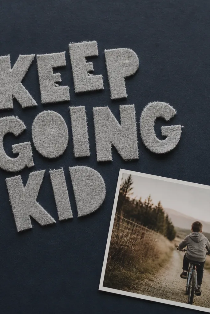 A page where letters are cut from an old gray hoodie fabric and arranged to spell a short phrase. Behind the letters is a dark navy paper background, and a 4x6 photo sits in the corner.