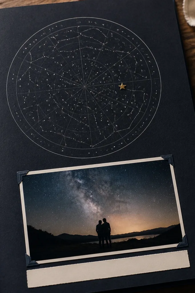 A night-sky themed page with a printed star map circle. A small gold star sticker marks coordinates, and a 4x6 photo sits at the bottom with a narrow journaling strip.