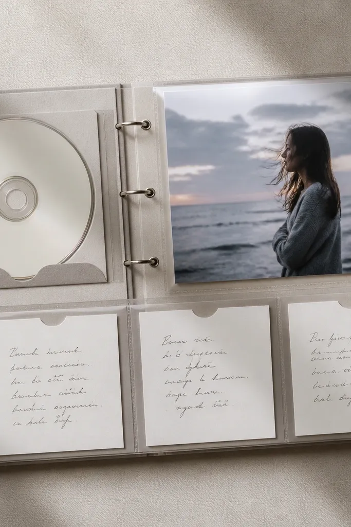A page with a faux CD and three song cards. Each card has a title and a handwritten note, and a 5x7 photo sits behind a clear acetate sleeve.