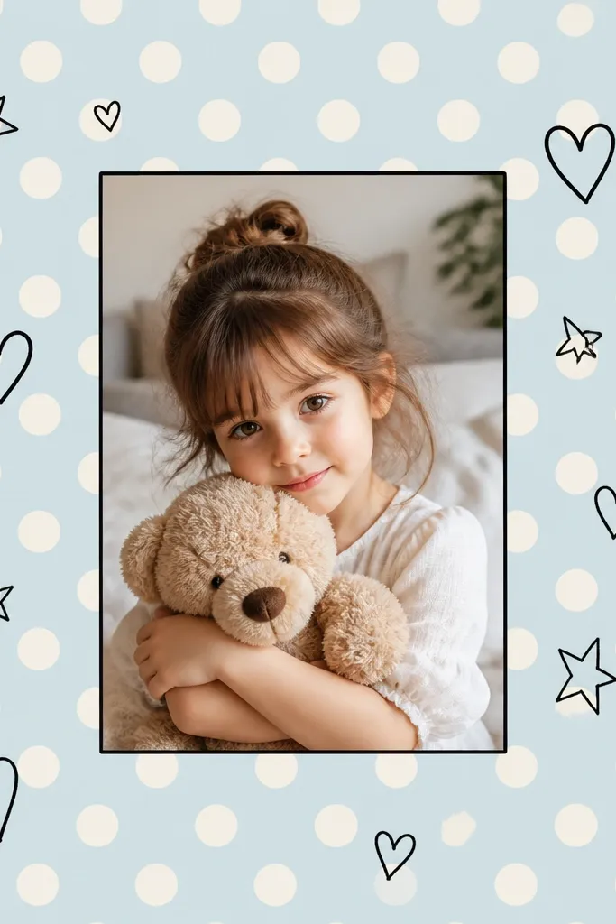 A page with a bright polka dot paper background (cream dots on pastel blue). A 4x6 photo is centered with a thin black border, and small hand-drawn hearts and stars float around it in black marker.