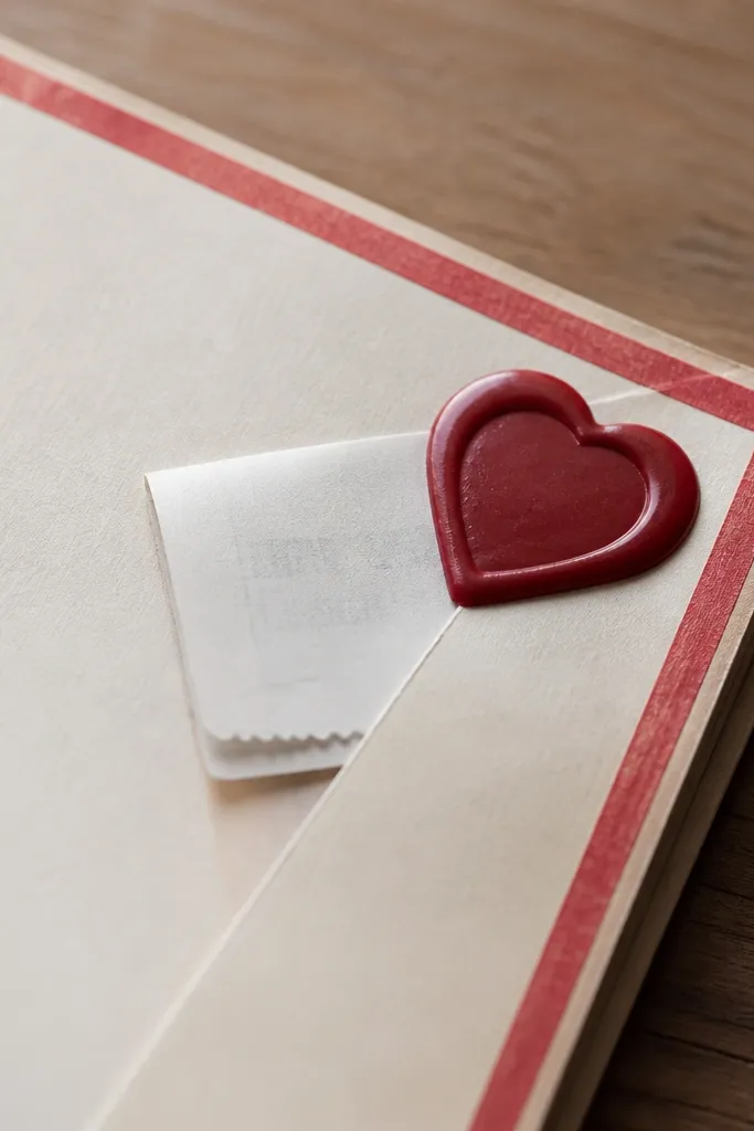 A page corner with a small heart-shaped wax seal look sticker pressed over a folded receipt. The main photo sits in the center, and a thin border of red washi tape frames the page.