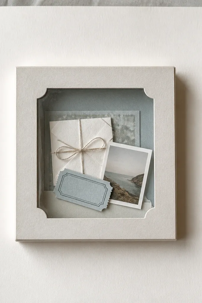 A page with a shallow shadow box built from layered cardstock, holding a tiny folded note, a small ticket, and a mini photo. The box has a clear acetate front and sits centered on the page.