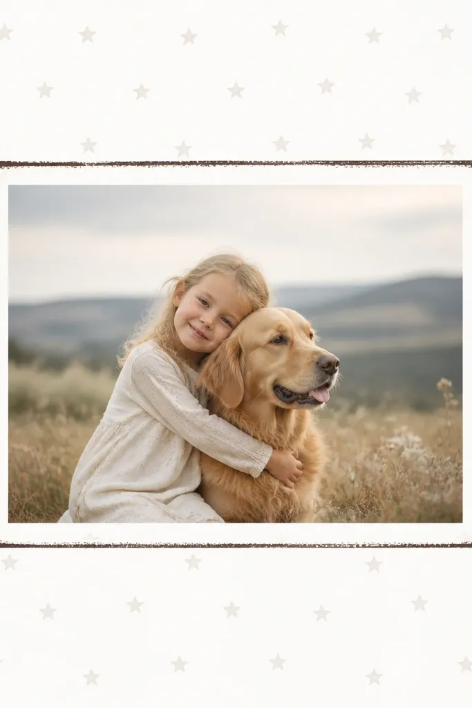 A page with a white background where the edges of the central photo mat are ink-stamped in dark brown. Small star stamps repeat faintly across the background, and a 4x6 photo sits in the middle.
