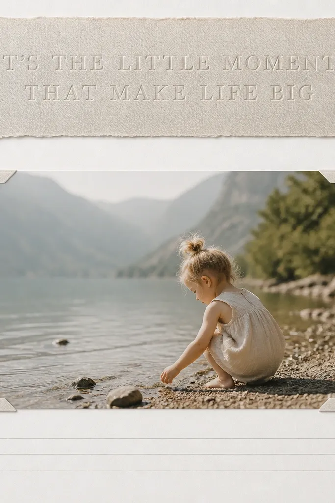 A page with a strip of textured cardstock across the top that has an embossed quote (raised letters). The main photo is placed in the lower half with four small corner tabs, and a light gray journaling line sits under it.