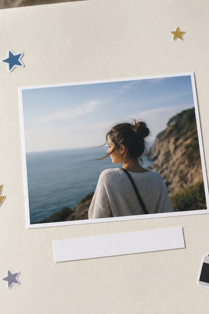 A page where a 4x6 photo sits slightly off-center. Around it are scattered stickers: small stars, a tiny lightning bolt, and a camera icon. A single clean caption is written on a white label strip beneath the photo.