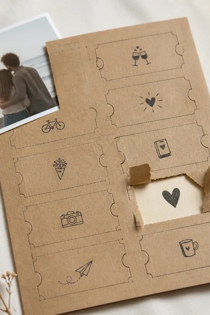 A page with a sheet of small coupon-style rectangles on kraft paper. Some coupons are stamped in black, and one coupon is partially torn to reveal a hidden message. A 4x6 photo sits in a top corner.