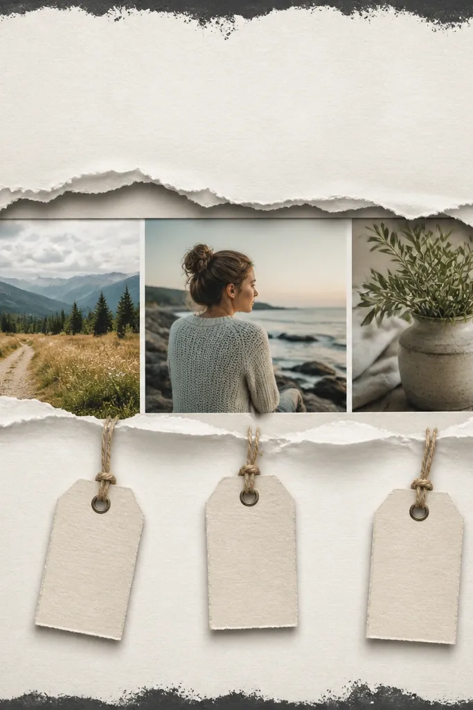 A page with a horizontal strip of three photos running across the center. Behind the strip is a paper cut-out frame with a slight shadow effect, and the edges are painted dark gray. Small journaling tags hang from twine below.