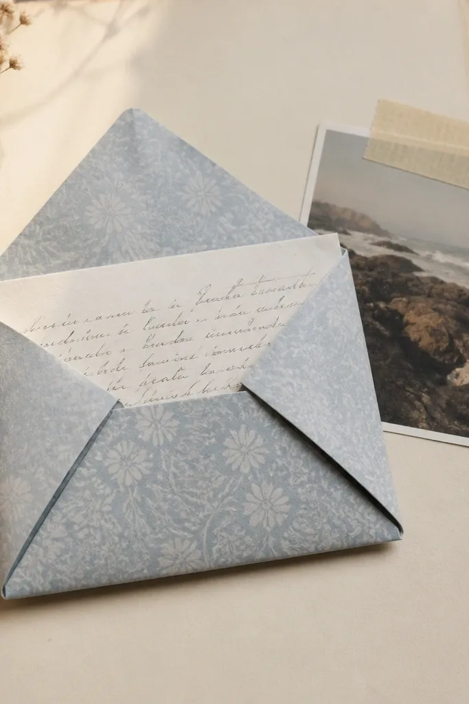 A page with an origami-style paper envelope folded from patterned paper. A handwritten letter is visible from the opening, and a small photo is placed next to it with a strip of washi tape.