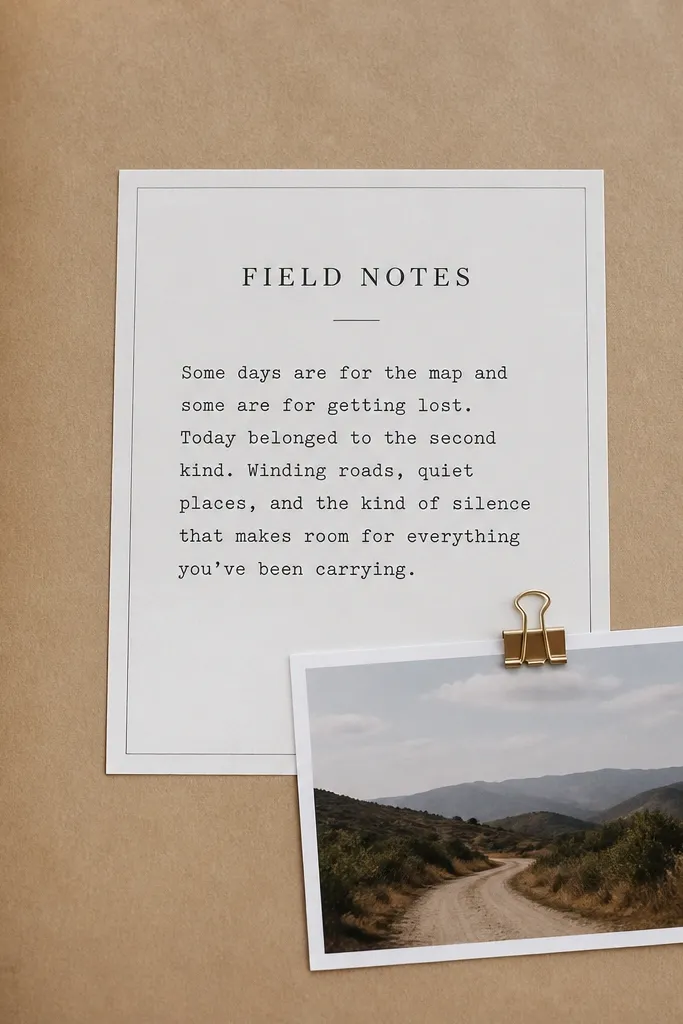 A kraft paper page with a white placard label at the center. The label has a printed-style heading and a typed-looking paragraph, plus a small 4x6 photo clipped in the lower corner with a mini binder clip.