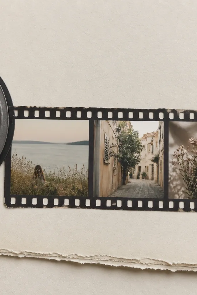 A page with a paper film reel strip cut into frames. Three small photos sit inside the frames, and a dark gray reel circle appears on the left. A caption runs along the bottom in a small typed-style font.