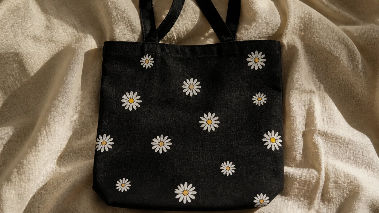 A black canvas tote with a scatter of simple white daisies with pale yellow centers standing out crisply against the dark fabric.