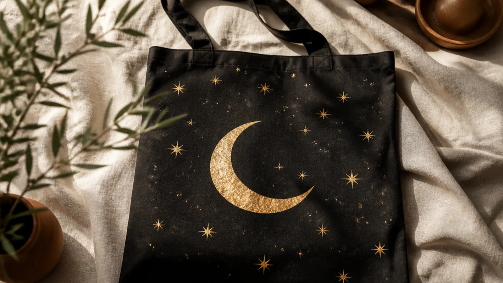 A black canvas tote with a metallic gold crescent moon and a scatter of small gold stars glowing against the dark canvas.