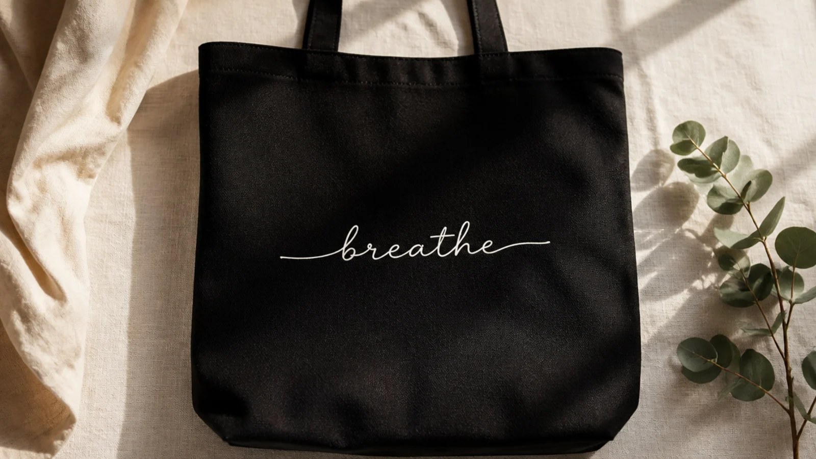 A black canvas tote with a single short word in flowing white script handwriting across the center front.