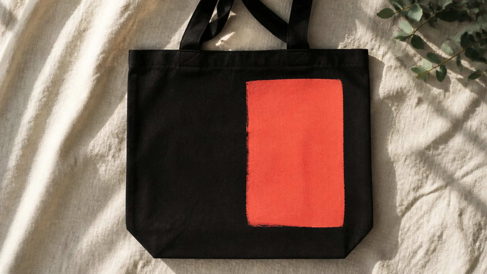 A black canvas tote with a bold rectangle of bright coral painted off-center, opaque and vivid against the black.