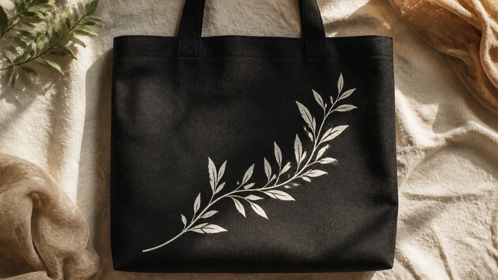 A black canvas tote with a delicate white leafy branch arcing across the front, fine leaves standing out against the dark.