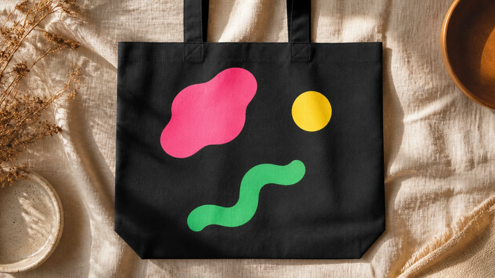 A black canvas tote with a few bold neon shapes - a pink blob, a green squiggle, a yellow dot - scattered vividly on the front.