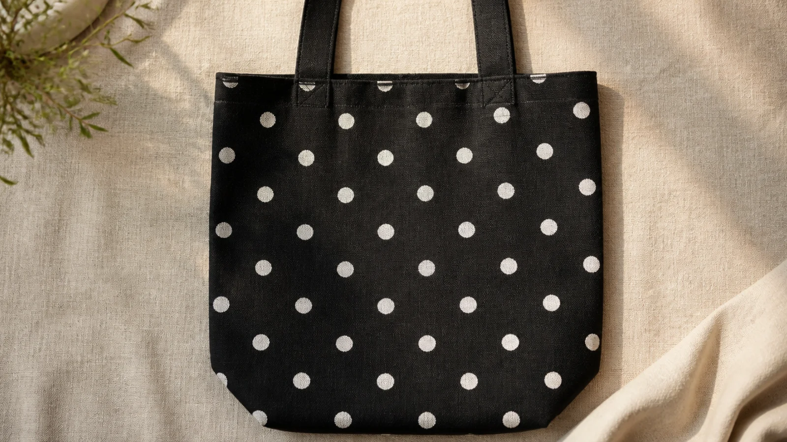 A black canvas tote covered in an even grid of crisp white polka dots standing out sharply against the dark fabric.
