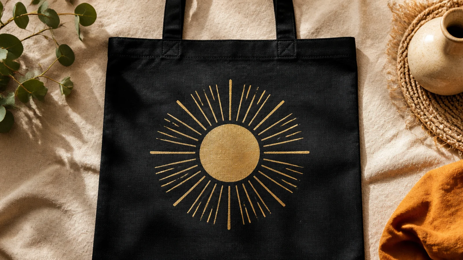 A black canvas tote with a metallic gold sun, a filled circle ringed by radiating straight gold rays, glowing on the front.