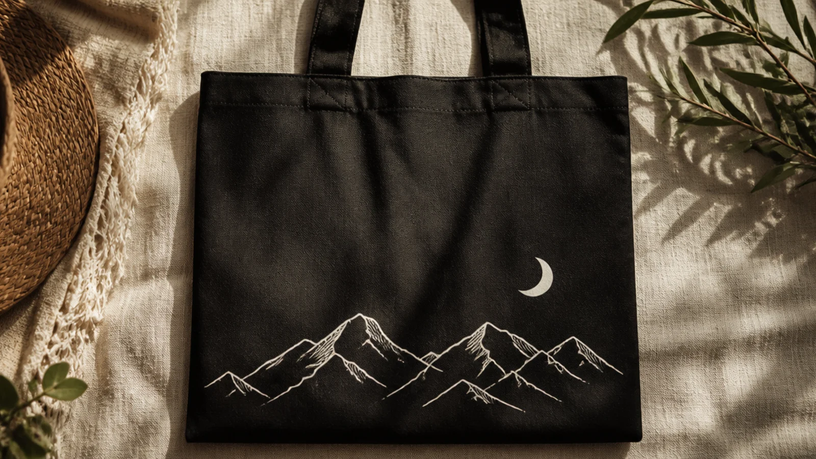 A black canvas tote with a simple white mountain range outline and a small moon on the lower front, stark against the dark.