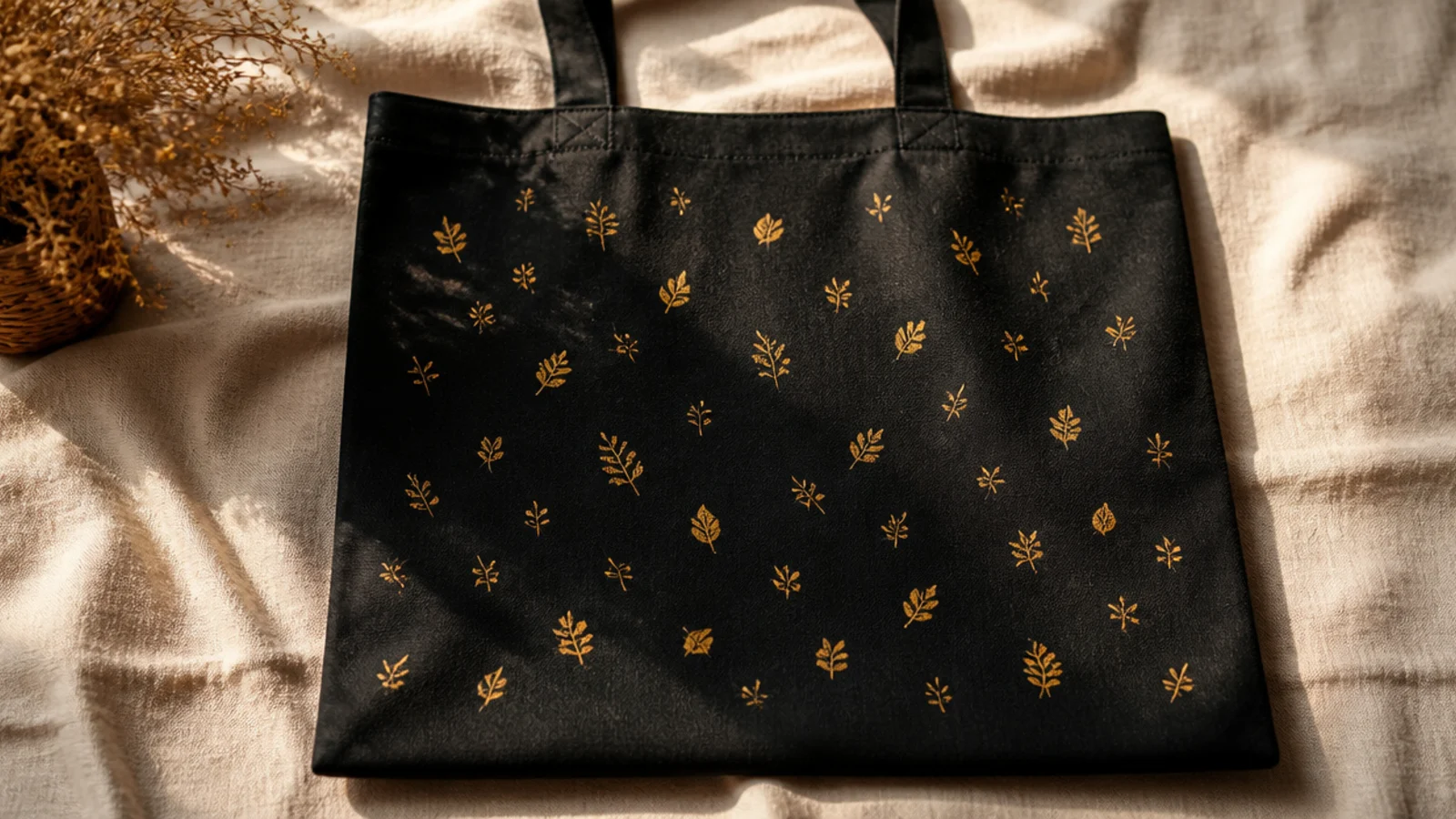 A black canvas tote with a scatter of small metallic gold leaves and sprigs spread lightly across the front.