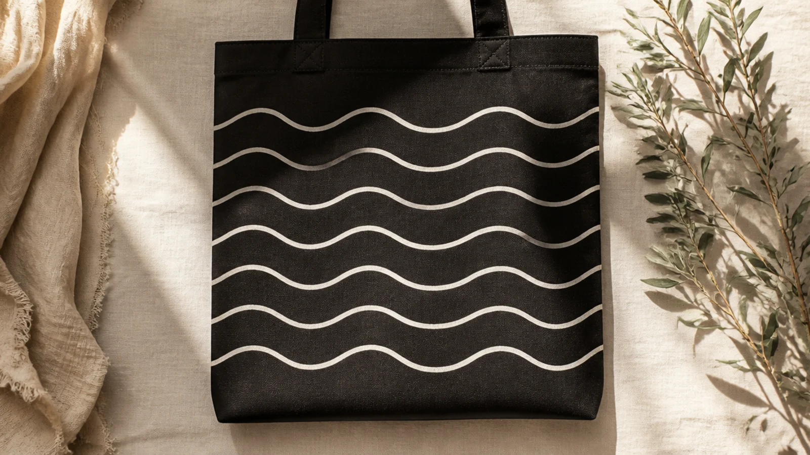 A black canvas tote with several evenly spaced horizontal white wavy lines rippling across the front against the dark fabric.