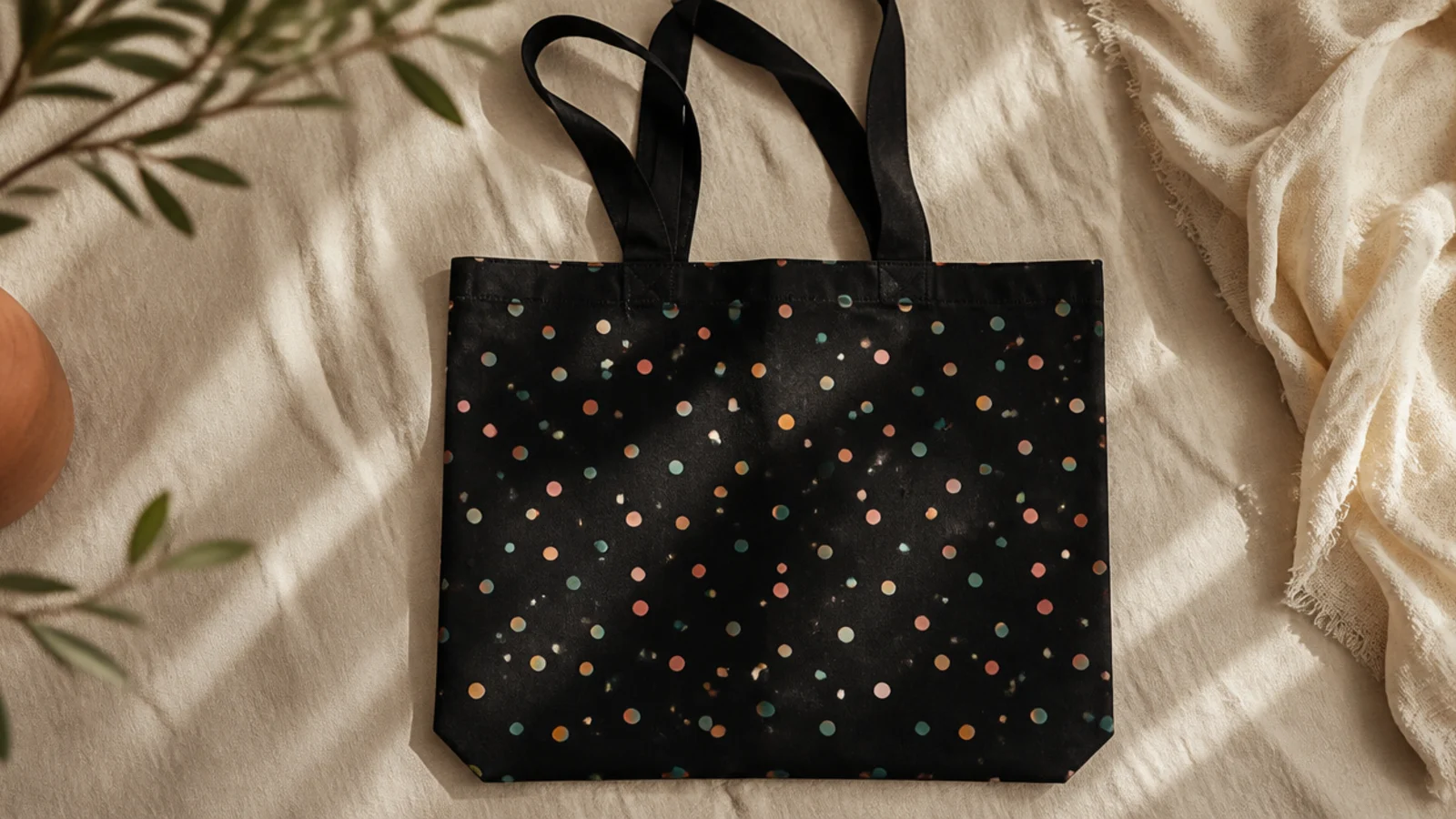 A black canvas tote covered in a festive scatter of small opaque dots in coral, teal, yellow, and white across the front.