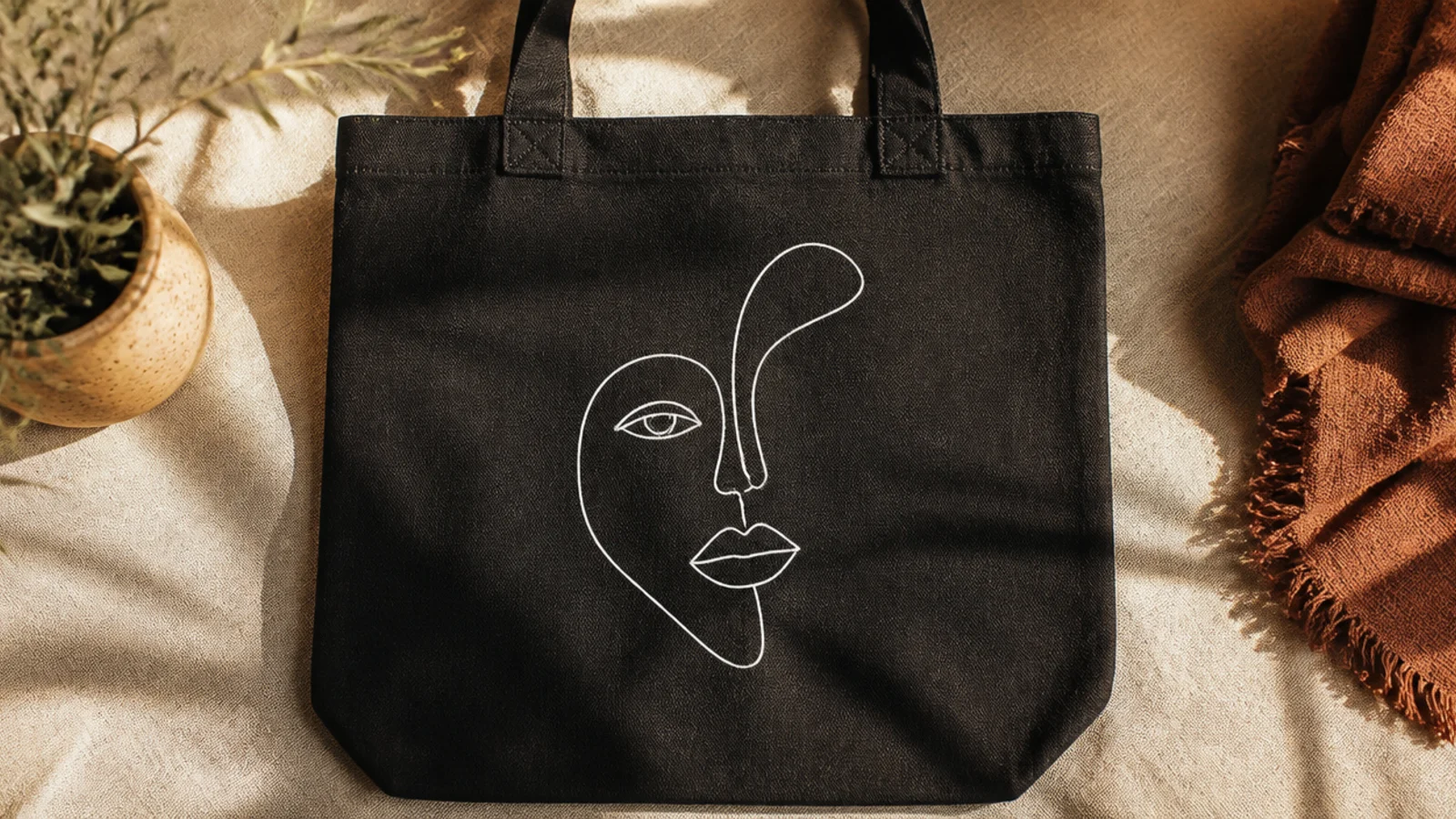 A black canvas tote with a minimalist continuous white single-line drawing of an abstract face on the center front.