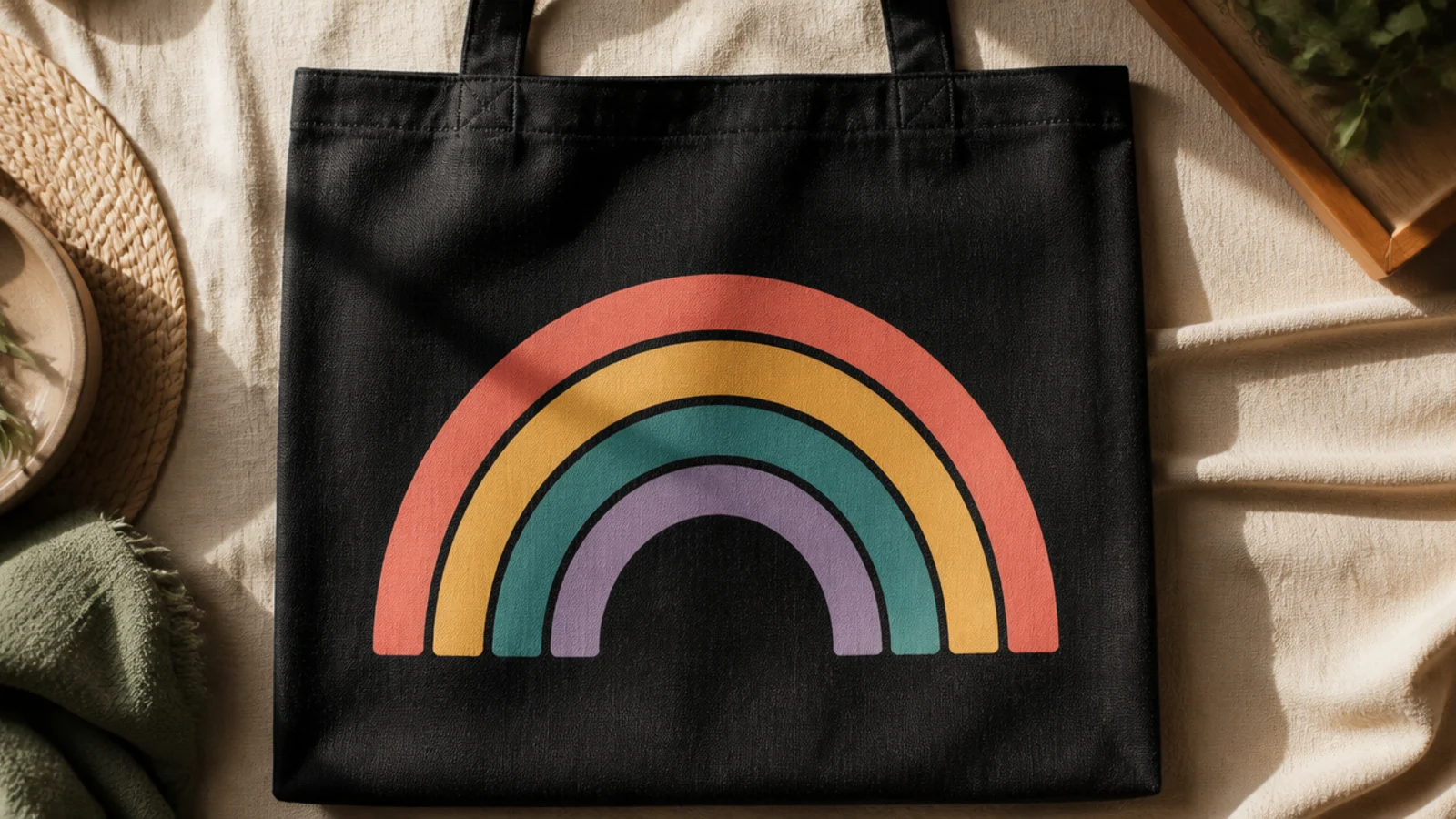 A black canvas tote with a bold arch of opaque rainbow bands - coral, yellow, teal, and violet - glowing against the dark.